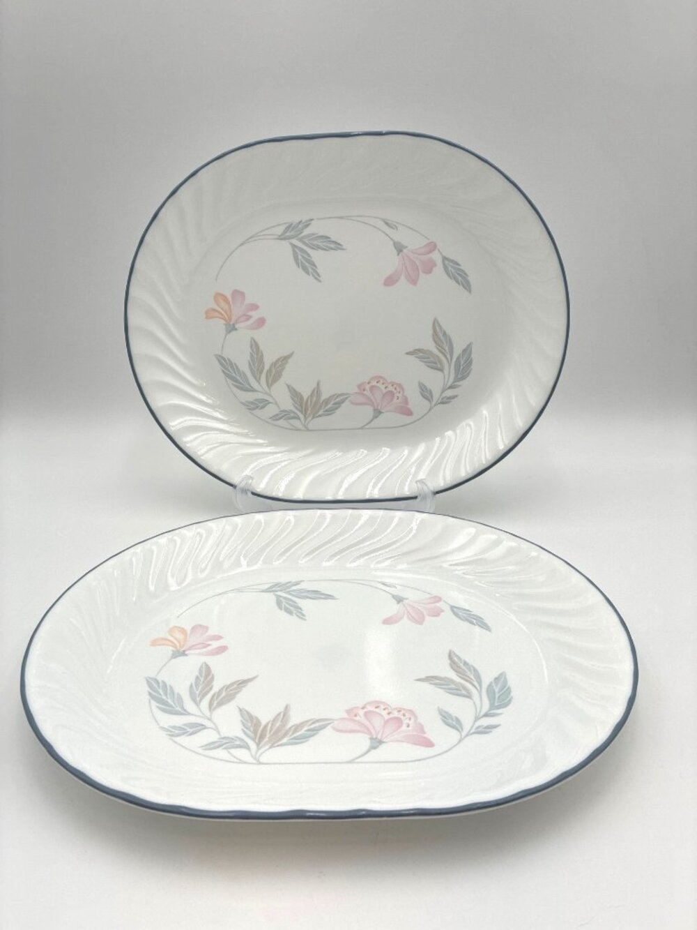 Corelle Pink Trio Oval Serving Platters 12 x 10" Pink Flower Blue Trim Set Of 2